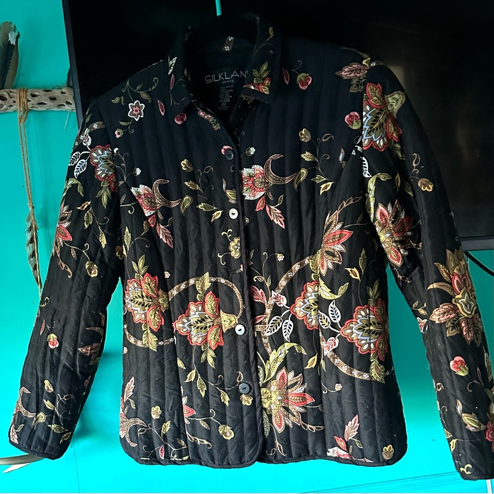Quilted Silk Artisan Jacket Small Petite Black Floral Coat Boho Quiet Luxury - Picture 6 of 8
